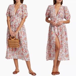 POUPETTE ST. BARTH Floral Eyelet Embroidered Deep V Puff Sleeve Reine Midi Dress